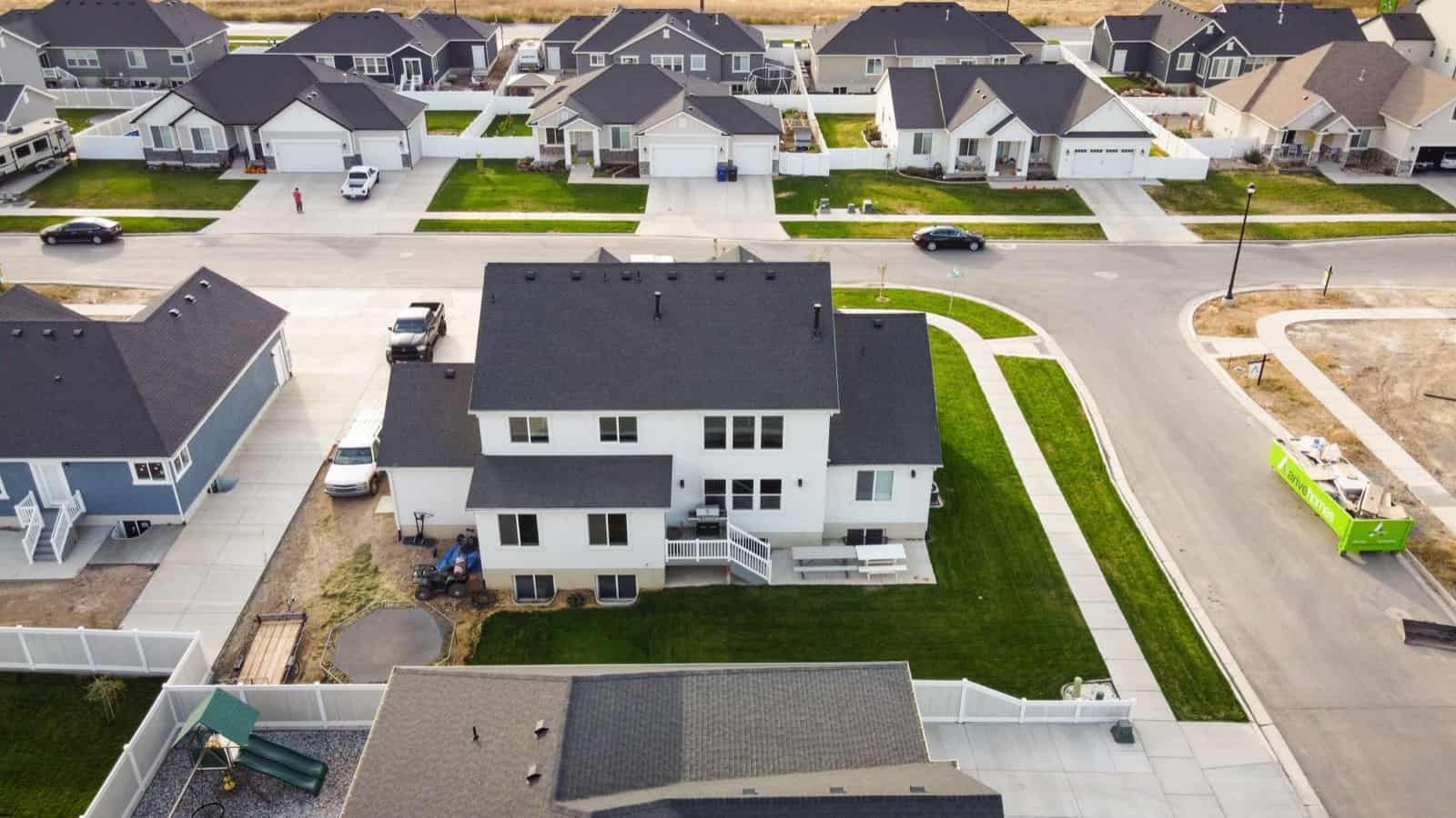 Aerial view of a newly built residential neighborhood on the edge of town