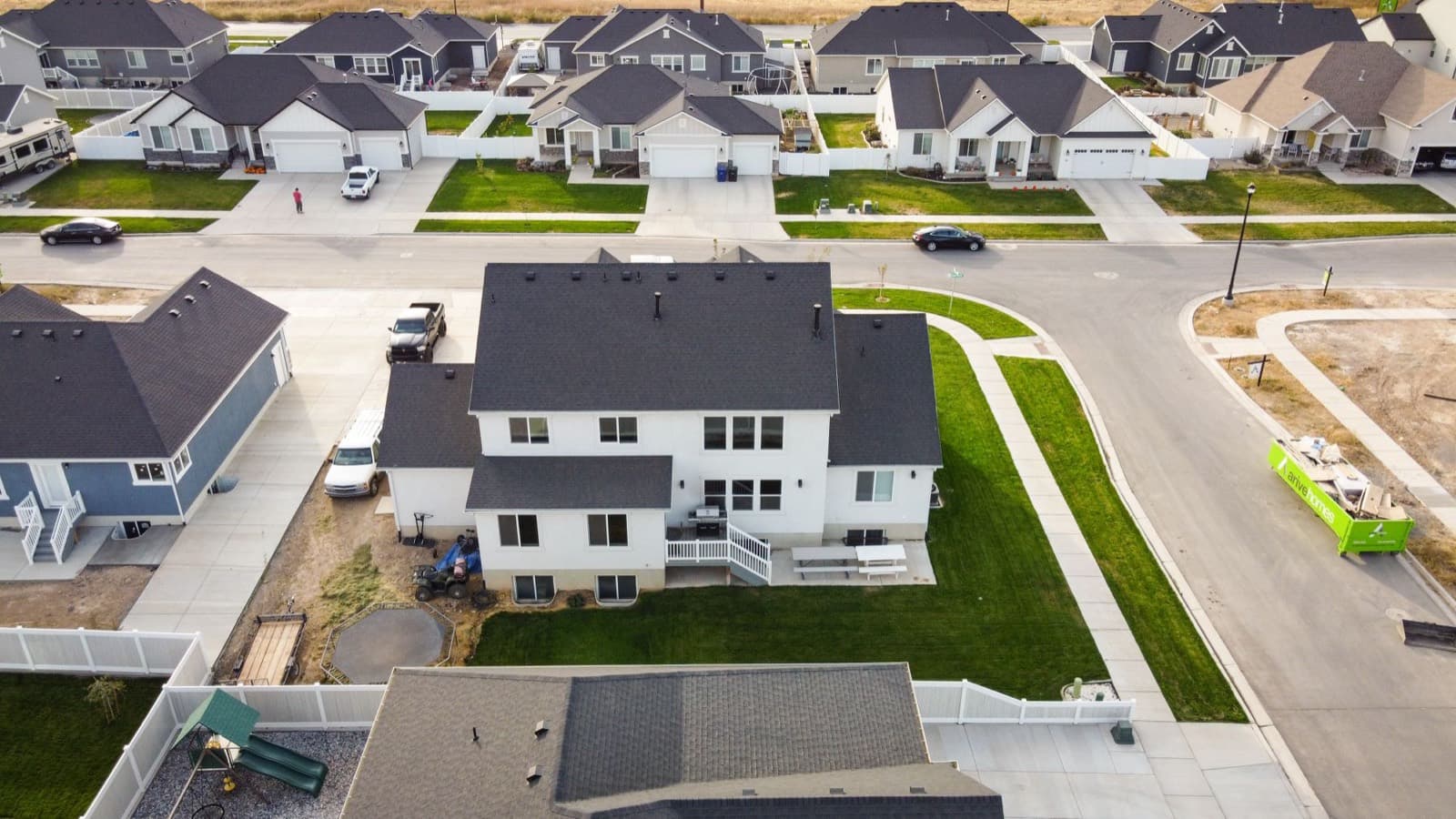 Aerial view of a newly built residential neighborhood on the edge of town