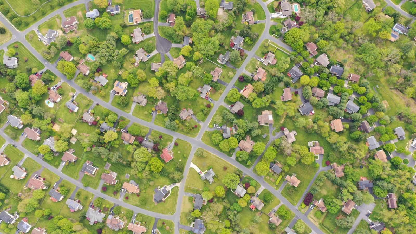 Aerial view of a leafy, established residential neighborhood