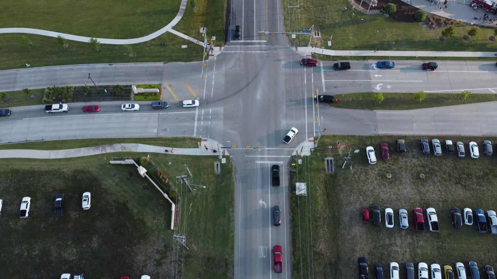 Overhead view of an intersection in a suburban commercial district