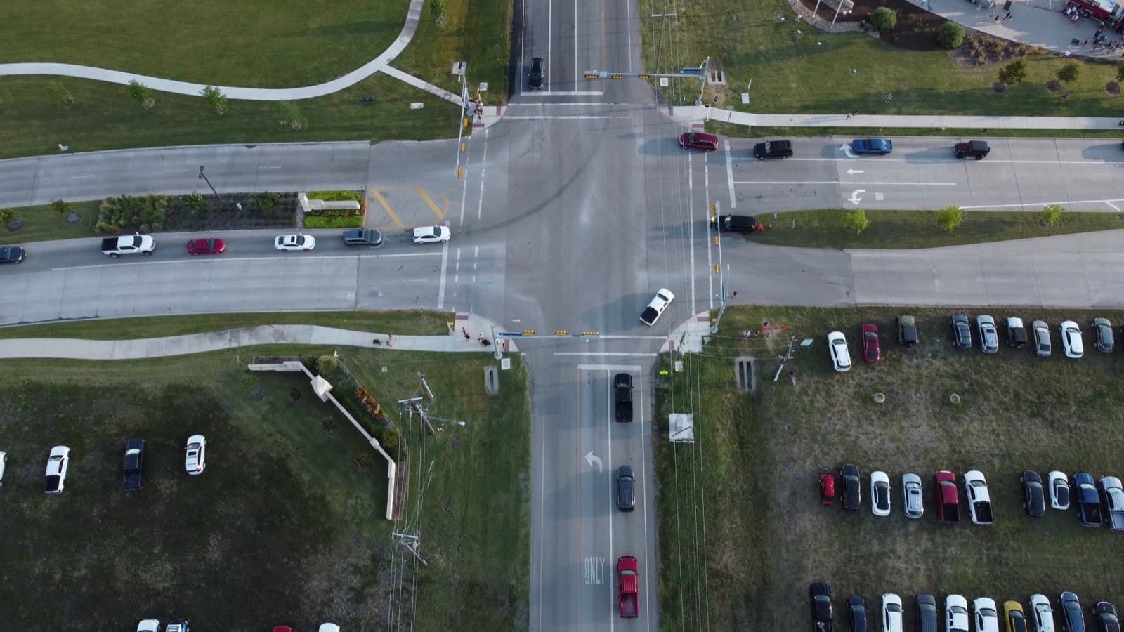 Overhead view of an intersection in a suburban commercial district