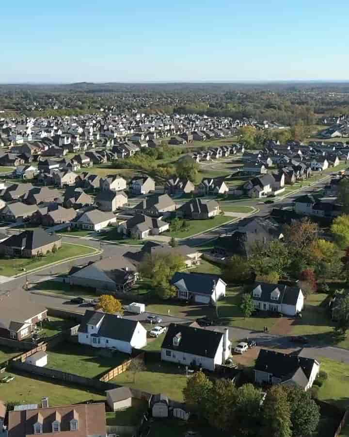 Aerial view over Texas rooftops and skyline