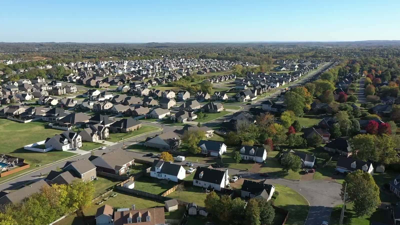 Aerial view over Texas rooftops and skyline
