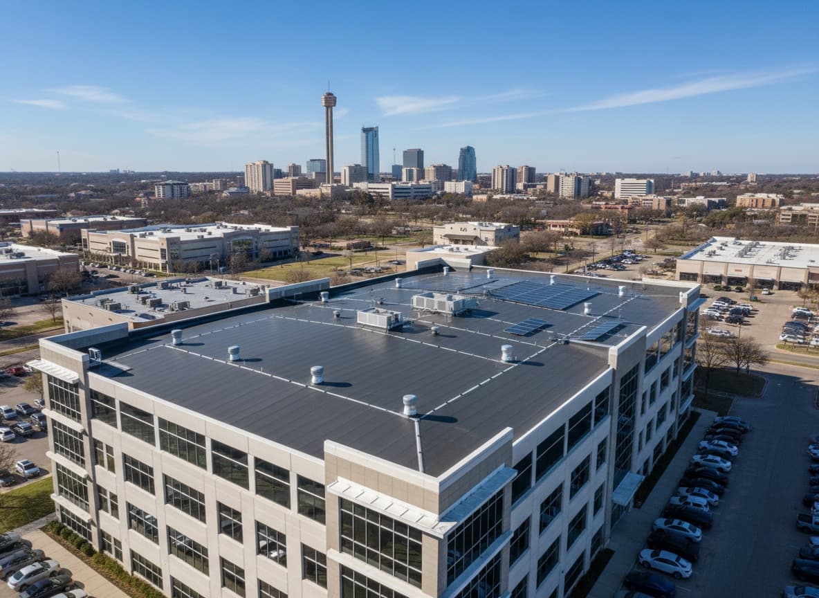 Flat membrane roof on a commercial building with the San Antonio skyline behind