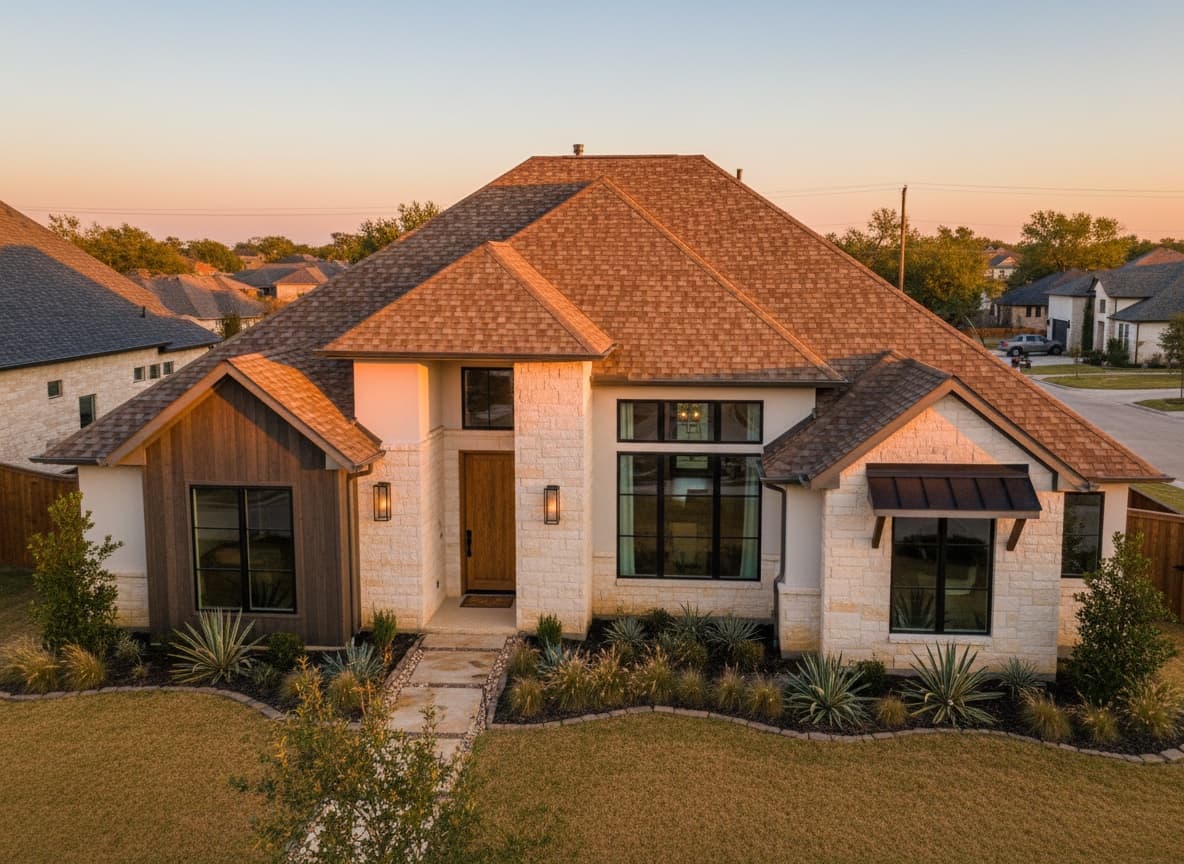 Tan architectural shingle roof on a Texas limestone home at sunset